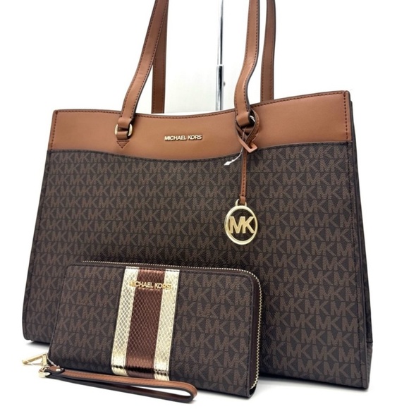 Michael Kors Jet Set Large Signature Logo Tote Bag & Continental Wallet Brown - Picture 1 of 15